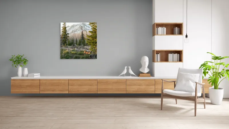 Tablou Canvas, "Cerb în pădurea montană matinală", Crepuscul, Munte, Cerb, Arbori, Zăpadă, Trunchiuri, Vegetație, Peisaj, Natură, Împădurit, 100 x 100 cm – poza 8