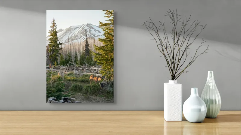 Tablou Canvas, "Cerb în pădurea montană matinală", Crepuscul, Munte, Cerb, Arbori, Zăpadă, Trunchiuri, Vegetație, Peisaj, Natură, Împădurit, 39 x 54 cm – poza 4
