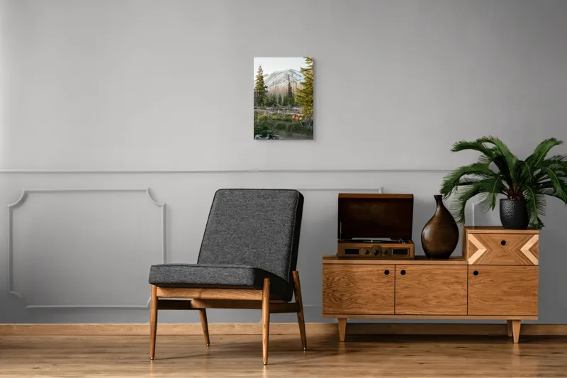 Tablou Canvas, "Cerb în pădurea montană matinală", Crepuscul, Munte, Cerb, Arbori, Zăpadă, Trunchiuri, Vegetație, Peisaj, Natură, Împădurit, 39 x 54 cm – poza 8