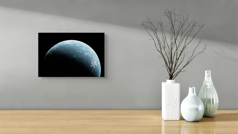 Tablou Canvas, "Planeta albastră în lumină cosmică", ALBASTRU, PLANETĂ, SPAȚIU, LUMINĂ, ÎNTUNERIC, TEXTURĂ, UIMITOR, VAST, 39 x 26 cm – poza 8