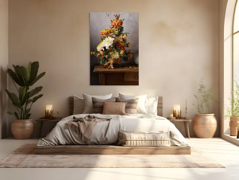 Tablou Canvas, "Vas cu flori și frunze de toamnă", Flori, Toamnă, Vază, Frunze, Culori, Natură, Decor, Lemn, 100 x 150 cm – poza 3