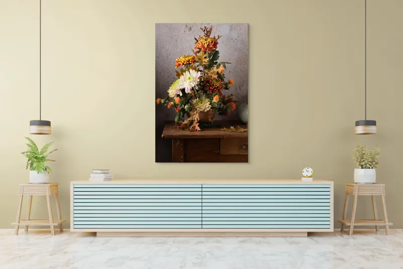 Tablou Canvas, "Vas cu flori și frunze de toamnă", Flori, Toamnă, Vază, Frunze, Culori, Natură, Decor, Lemn, 100 x 150 cm – poza 4