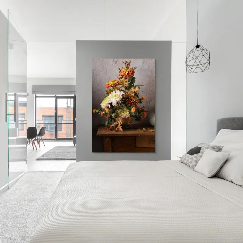 Tablou Canvas, "Vas cu flori și frunze de toamnă", Flori, Toamnă, Vază, Frunze, Culori, Natură, Decor, Lemn, 100 x 150 cm – poza 5