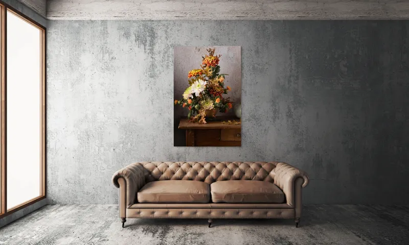 Tablou Canvas, "Vas cu flori și frunze de toamnă", Flori, Toamnă, Vază, Frunze, Culori, Natură, Decor, Lemn, 100 x 150 cm – poza 6