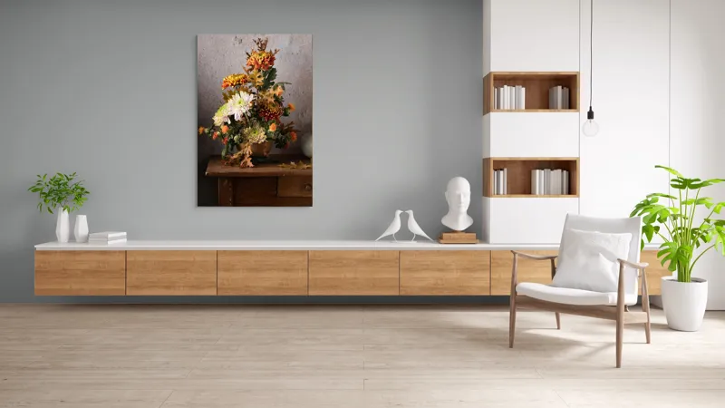 Tablou Canvas, "Vas cu flori și frunze de toamnă", Flori, Toamnă, Vază, Frunze, Culori, Natură, Decor, Lemn, 100 x 150 cm – poza 8