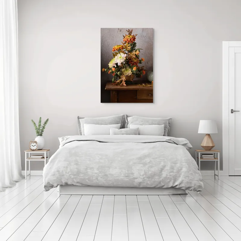 Tablou Canvas, "Vas cu flori și frunze de toamnă", Flori, Toamnă, Vază, Frunze, Culori, Natură, Decor, Lemn, 70 x 100 cm – poza 3