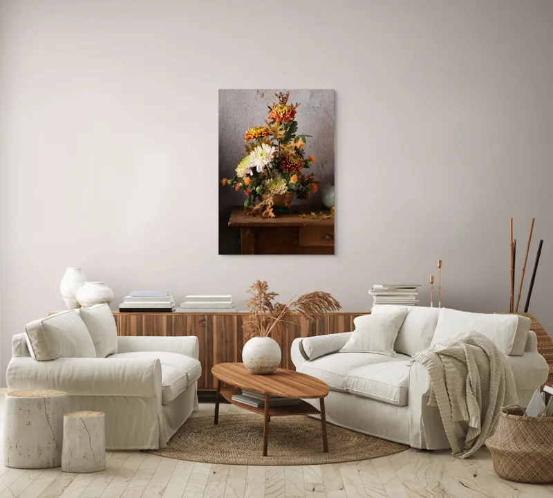 Tablou Canvas, "Vas cu flori și frunze de toamnă", Flori, Toamnă, Vază, Frunze, Culori, Natură, Decor, Lemn, 70 x 100 cm – poza 4