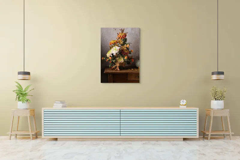 Tablou Canvas, "Vas cu flori și frunze de toamnă", Flori, Toamnă, Vază, Frunze, Culori, Natură, Decor, Lemn, 70 x 100 cm – poza 5