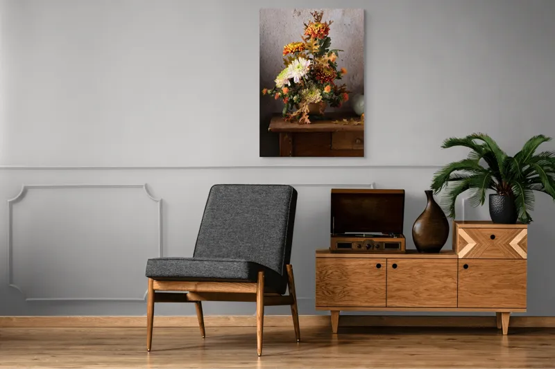 Tablou Canvas, "Vas cu flori și frunze de toamnă", Flori, Toamnă, Vază, Frunze, Culori, Natură, Decor, Lemn, 70 x 100 cm – poza 6