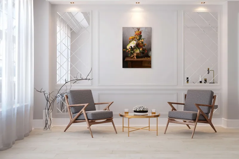 Tablou Canvas, "Vas cu flori și frunze de toamnă", Flori, Toamnă, Vază, Frunze, Culori, Natură, Decor, Lemn, 70 x 100 cm – poza 8