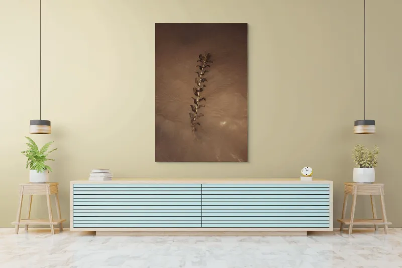 Tablou Canvas, "Frunza plutind pe suprafața apei", Nisip, Apă, Frunză, Textură, Natură, Calm, Efect, Arid, Minimalism, Linie., 100 x 150 cm – poza 4