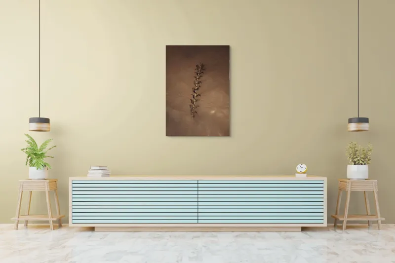 Tablou Canvas, "Frunza plutind pe suprafața apei", Nisip, Apă, Frunză, Textură, Natură, Calm, Efect, Arid, Minimalism, Linie., 70 x 100 cm – poza 5