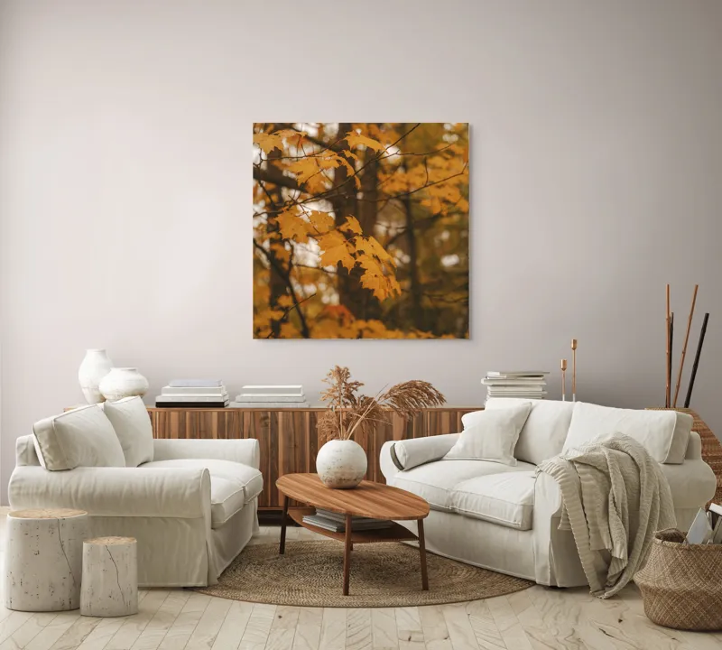 Tablou Canvas, "Căldura toamnei în pădurea liniștită", Toamnă, Frunze, Auriu, Copaci, Lumină, Natură, Melancolie, Cald., 100 x 100 cm – poza 3