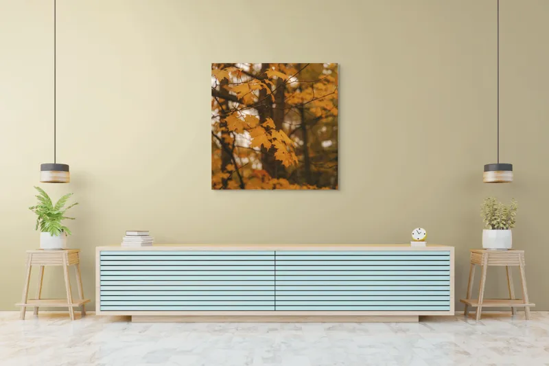 Tablou Canvas, "Căldura toamnei în pădurea liniștită", Toamnă, Frunze, Auriu, Copaci, Lumină, Natură, Melancolie, Cald., 100 x 100 cm – poza 5
