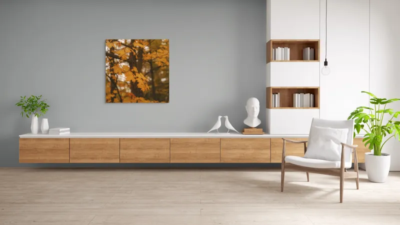 Tablou Canvas, "Căldura toamnei în pădurea liniștită", Toamnă, Frunze, Auriu, Copaci, Lumină, Natură, Melancolie, Cald., 100 x 100 cm – poza 8
