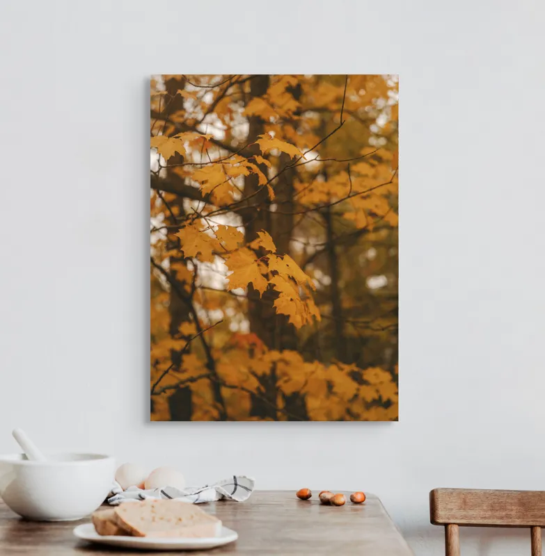 Tablou Canvas, "Căldura toamnei în pădurea liniștită", Toamnă, Frunze, Auriu, Copaci, Lumină, Natură, Melancolie, Cald., 50 x 70 cm – poza 3