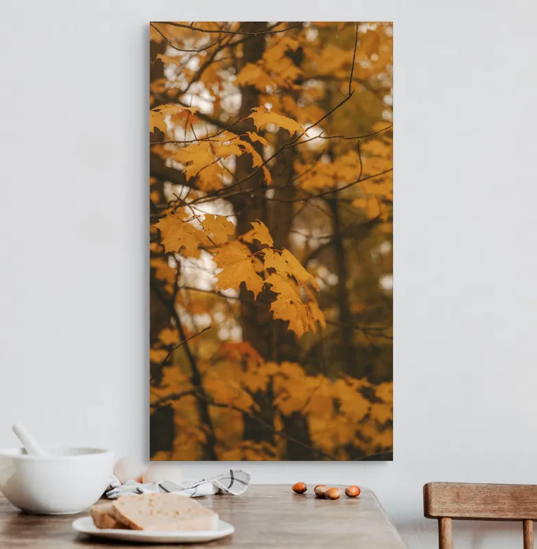 Tablou Canvas, "Căldura toamnei în pădurea liniștită", Toamnă, Frunze, Auriu, Copaci, Lumină, Natură, Melancolie, Cald., 50 x 90 cm – poza 3