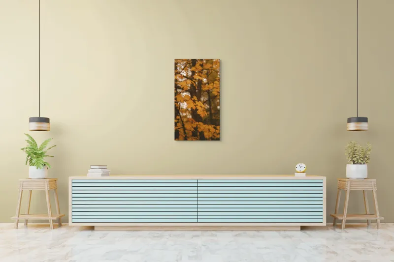 Tablou Canvas, "Căldura toamnei în pădurea liniștită", Toamnă, Frunze, Auriu, Copaci, Lumină, Natură, Melancolie, Cald., 50 x 90 cm – poza 6