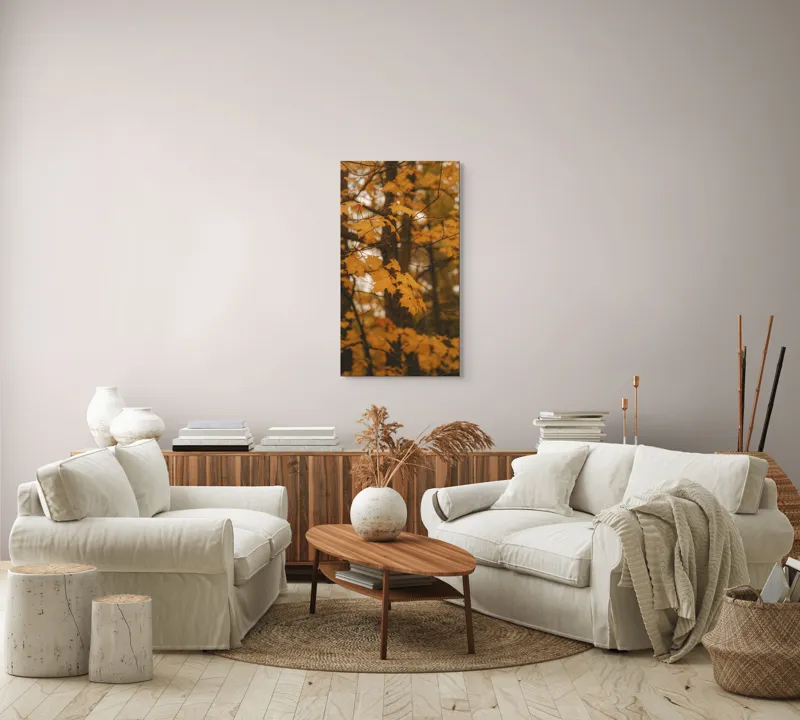 Tablou Canvas, "Căldura toamnei în pădurea liniștită", Toamnă, Frunze, Auriu, Copaci, Lumină, Natură, Melancolie, Cald., 50 x 90 cm – poza 7