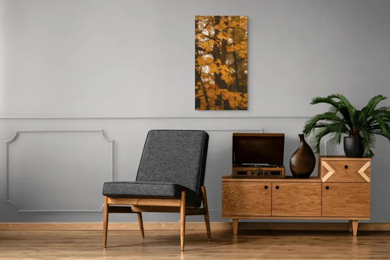 Tablou Canvas, "Căldura toamnei în pădurea liniștită", Toamnă, Frunze, Auriu, Copaci, Lumină, Natură, Melancolie, Cald., 50 x 90 cm – poza 8