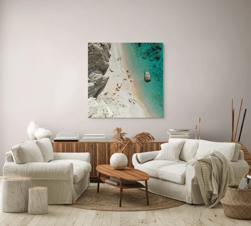 Tablou Canvas, "Ploaie de pietre pe plajă turcoaz", Pietre, Plajă, Valuri, Apă, Turcoaz, Stânci, Nisip, Natură, 100 x 100 cm – poza 3