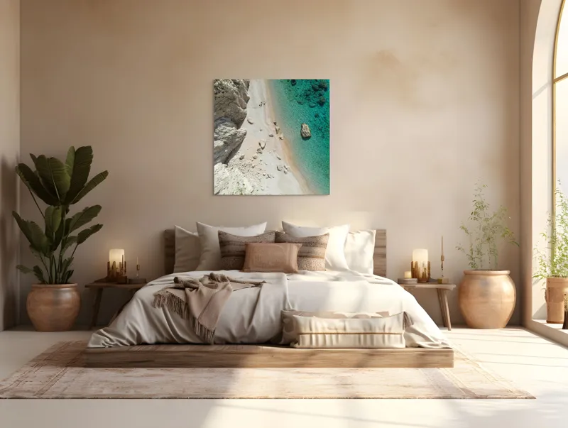 Tablou Canvas, "Ploaie de pietre pe plajă turcoaz", Pietre, Plajă, Valuri, Apă, Turcoaz, Stânci, Nisip, Natură, 100 x 100 cm – poza 4