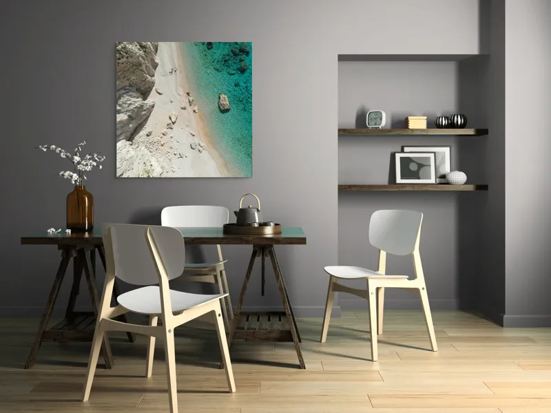 Tablou Canvas, "Ploaie de pietre pe plajă turcoaz", Pietre, Plajă, Valuri, Apă, Turcoaz, Stânci, Nisip, Natură, 100 x 100 cm – poza 6