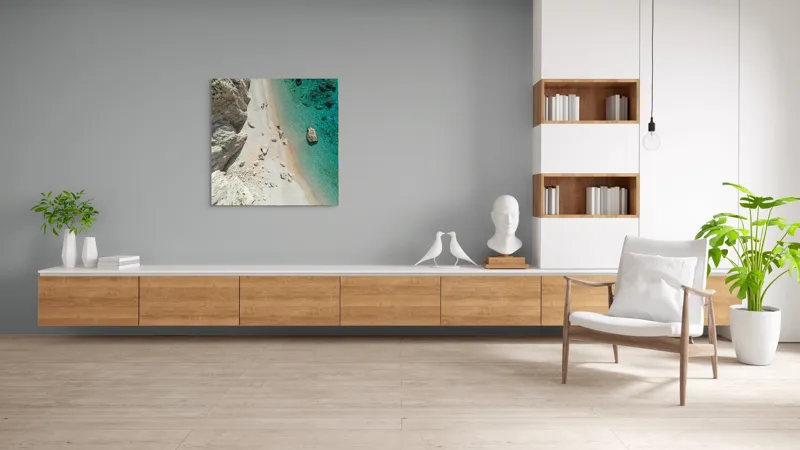 Tablou Canvas, "Ploaie de pietre pe plajă turcoaz", Pietre, Plajă, Valuri, Apă, Turcoaz, Stânci, Nisip, Natură, 100 x 100 cm – poza 8