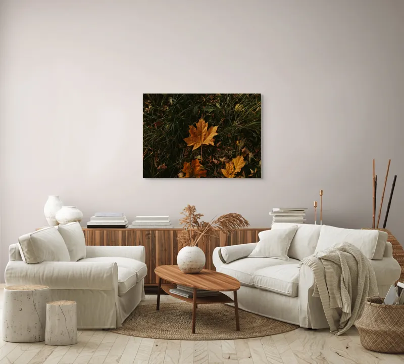 Tablou Canvas, "Frunza ruginie în iarba toamnei", Frunze, Toamnă, Pământ, Culoare, Vegetație, 100 x 70 cm – poza 3