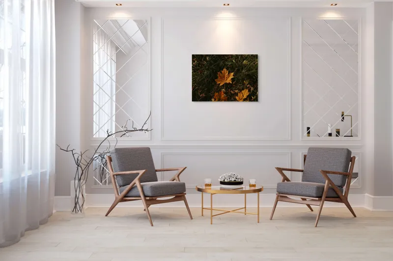 Tablou Canvas, "Frunza ruginie în iarba toamnei", Frunze, Toamnă, Pământ, Culoare, Vegetație, 100 x 70 cm – poza 5
