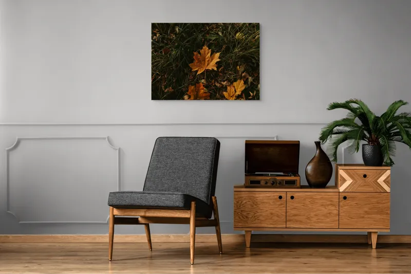 Tablou Canvas, "Frunza ruginie în iarba toamnei", Frunze, Toamnă, Pământ, Culoare, Vegetație, 100 x 70 cm – poza 8