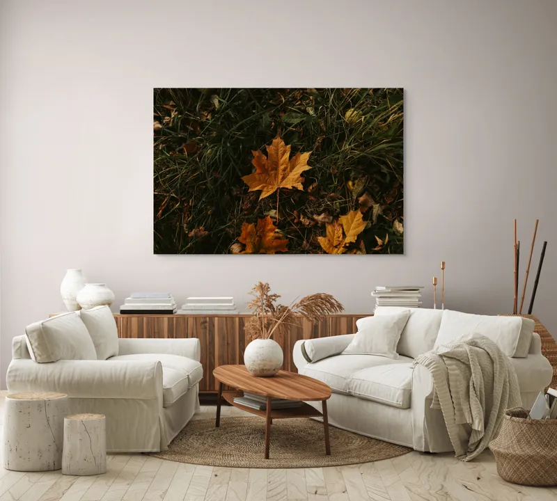 Tablou Canvas, "Frunza ruginie în iarba toamnei", Frunze, Toamnă, Pământ, Culoare, Vegetație, 150 x 100 cm – poza 3