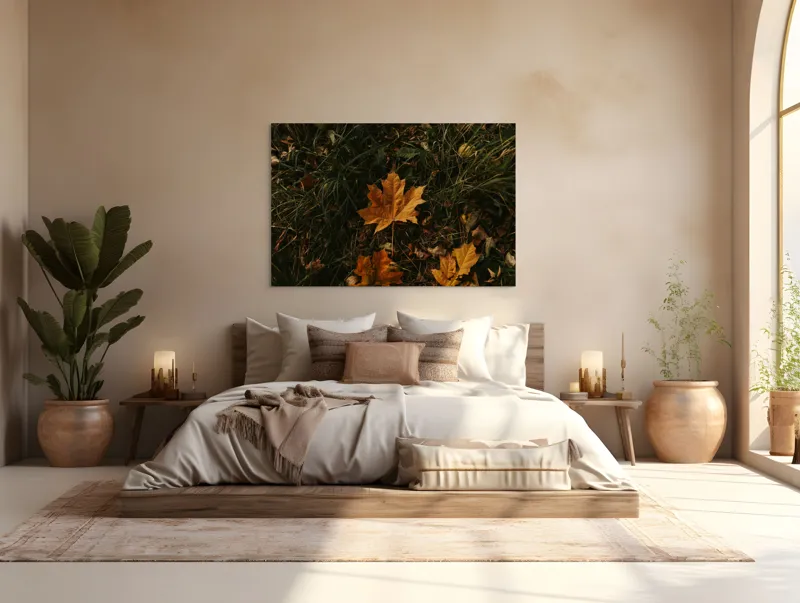 Tablou Canvas, "Frunza ruginie în iarba toamnei", Frunze, Toamnă, Pământ, Culoare, Vegetație, 150 x 100 cm – poza 4