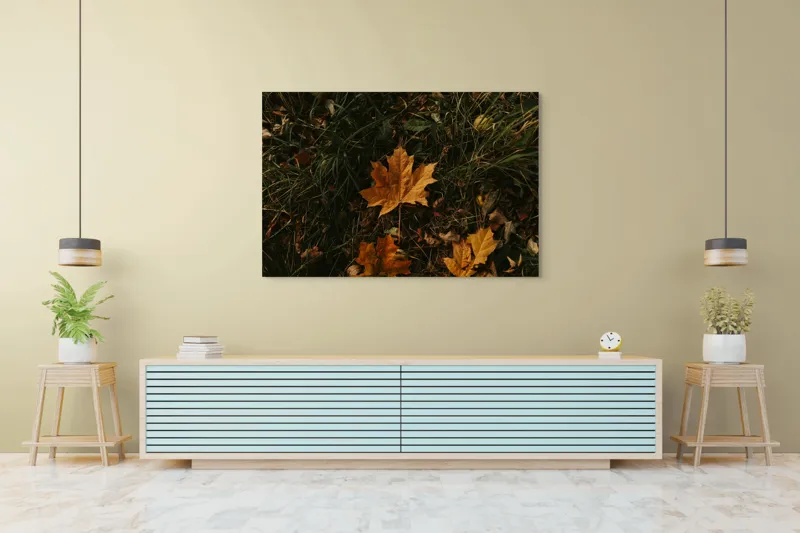 Tablou Canvas, "Frunza ruginie în iarba toamnei", Frunze, Toamnă, Pământ, Culoare, Vegetație, 150 x 100 cm – poza 6