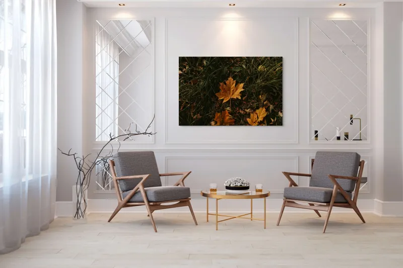 Tablou Canvas, "Frunza ruginie în iarba toamnei", Frunze, Toamnă, Pământ, Culoare, Vegetație, 150 x 100 cm – poza 7