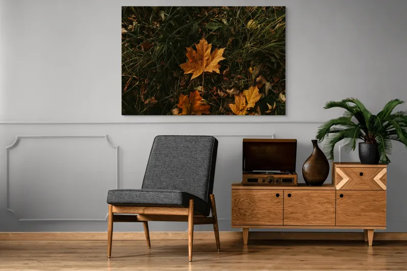 Tablou Canvas, "Frunza ruginie în iarba toamnei", Frunze, Toamnă, Pământ, Culoare, Vegetație, 150 x 100 cm – poza 8