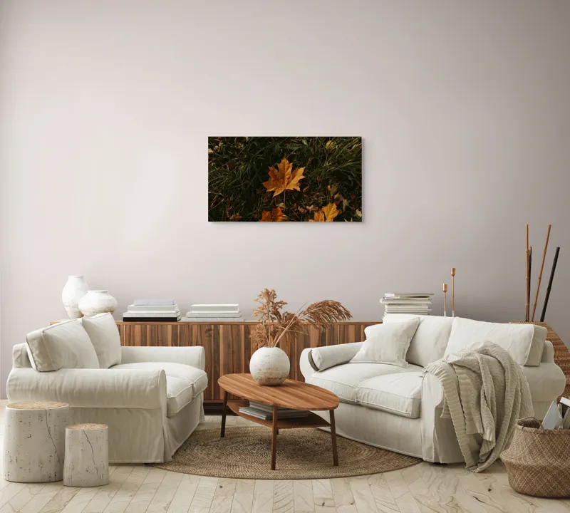 Tablou Canvas, "Frunza ruginie în iarba toamnei", Frunze, Toamnă, Pământ, Culoare, Vegetație, 90 x 50 cm – poza 4