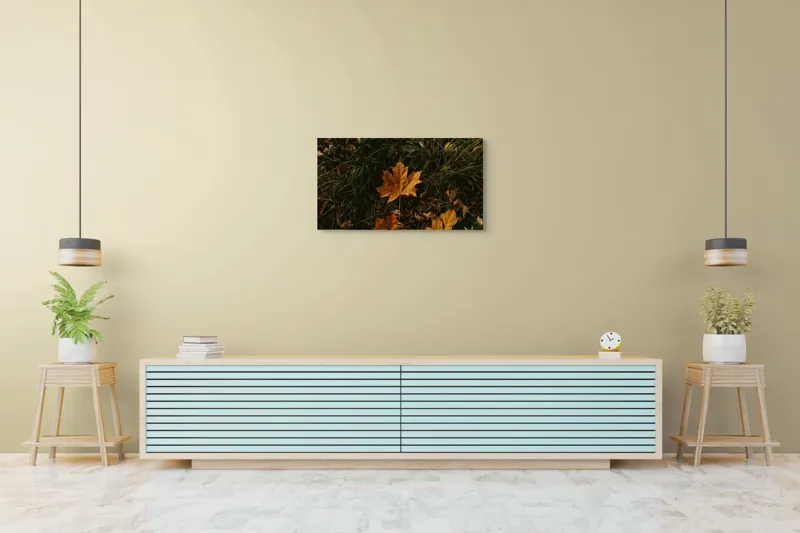 Tablou Canvas, "Frunza ruginie în iarba toamnei", Frunze, Toamnă, Pământ, Culoare, Vegetație, 90 x 50 cm – poza 5