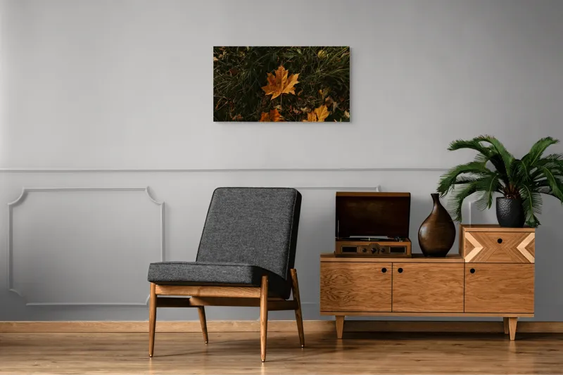 Tablou Canvas, "Frunza ruginie în iarba toamnei", Frunze, Toamnă, Pământ, Culoare, Vegetație, 90 x 50 cm – poza 6