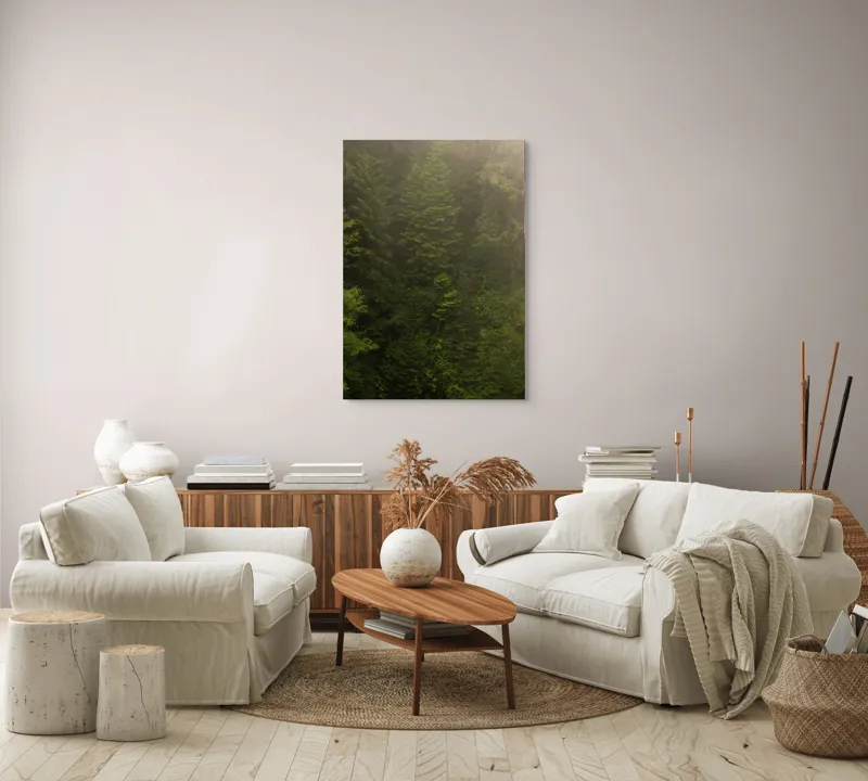 Tablou Canvas, "Pădurea ascunsă în ceață verde.", Copaci, Cețoși, Înverziți, Frunziș, Pădure, Natural, Misterios, Înalt, Liniște, Vegetație, 70 x 100 cm – poza 4