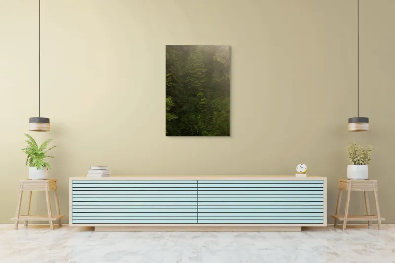 Tablou Canvas, "Pădurea ascunsă în ceață verde.", Copaci, Cețoși, Înverziți, Frunziș, Pădure, Natural, Misterios, Înalt, Liniște, Vegetație, 70 x 100 cm – poza 5