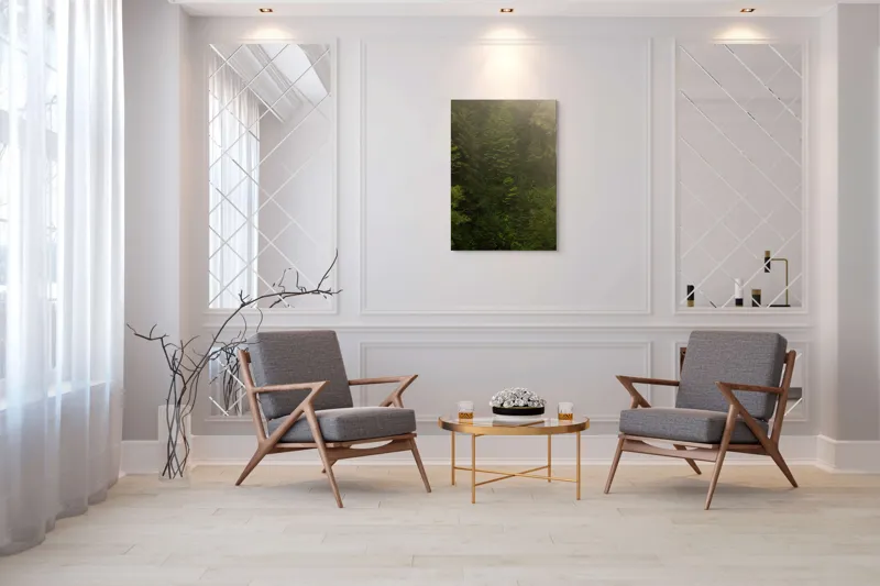 Tablou Canvas, "Pădurea ascunsă în ceață verde.", Copaci, Cețoși, Înverziți, Frunziș, Pădure, Natural, Misterios, Înalt, Liniște, Vegetație, 70 x 100 cm – poza 8