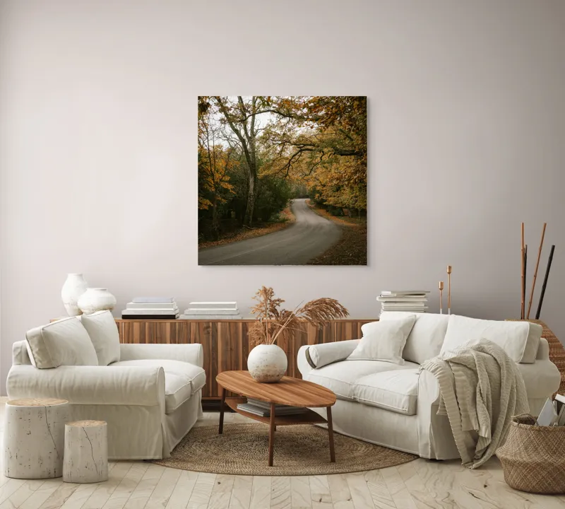 Tablou Canvas, "Drumul întortocheat al toamnei păduri", Drum, Frunze, Toamnă, Pădure, Melancolie, Curbe, Natură, Culoare., 100 x 100 cm – poza 3