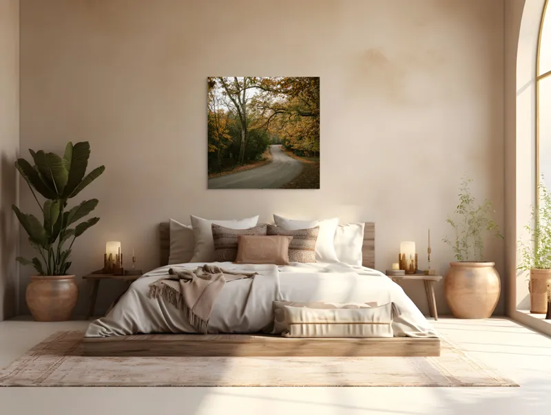 Tablou Canvas, "Drumul întortocheat al toamnei păduri", Drum, Frunze, Toamnă, Pădure, Melancolie, Curbe, Natură, Culoare., 100 x 100 cm – poza 4