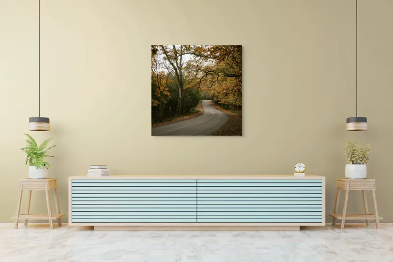 Tablou Canvas, "Drumul întortocheat al toamnei păduri", Drum, Frunze, Toamnă, Pădure, Melancolie, Curbe, Natură, Culoare., 100 x 100 cm – poza 5