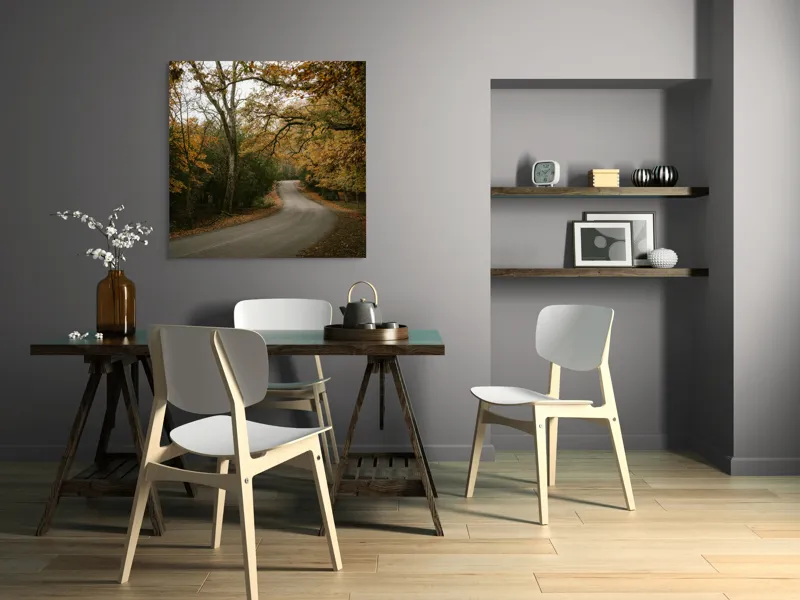 Tablou Canvas, "Drumul întortocheat al toamnei păduri", Drum, Frunze, Toamnă, Pădure, Melancolie, Curbe, Natură, Culoare., 100 x 100 cm – poza 6