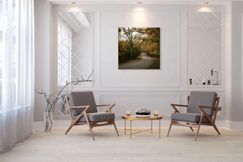 Tablou Canvas, "Drumul întortocheat al toamnei păduri", Drum, Frunze, Toamnă, Pădure, Melancolie, Curbe, Natură, Culoare., 100 x 100 cm – poza 7