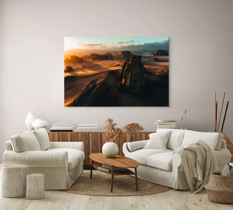 Tablou Canvas, "Pietrele tainice ale apusului etern", Deșert, Răsărit, Relief, Nisip, Roci, Umbre, Peisaj, Cer, Noros, Lumină., 150 x 100 cm – poza 3
