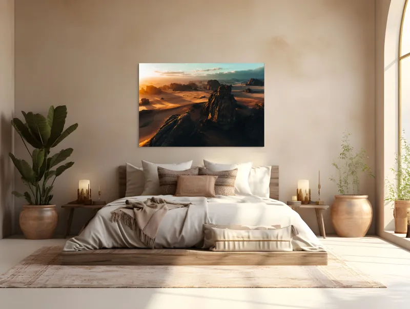 Tablou Canvas, "Pietrele tainice ale apusului etern", Deșert, Răsărit, Relief, Nisip, Roci, Umbre, Peisaj, Cer, Noros, Lumină., 150 x 100 cm – poza 4