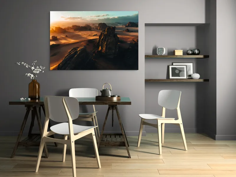 Tablou Canvas, "Pietrele tainice ale apusului etern", Deșert, Răsărit, Relief, Nisip, Roci, Umbre, Peisaj, Cer, Noros, Lumină., 150 x 100 cm – poza 5